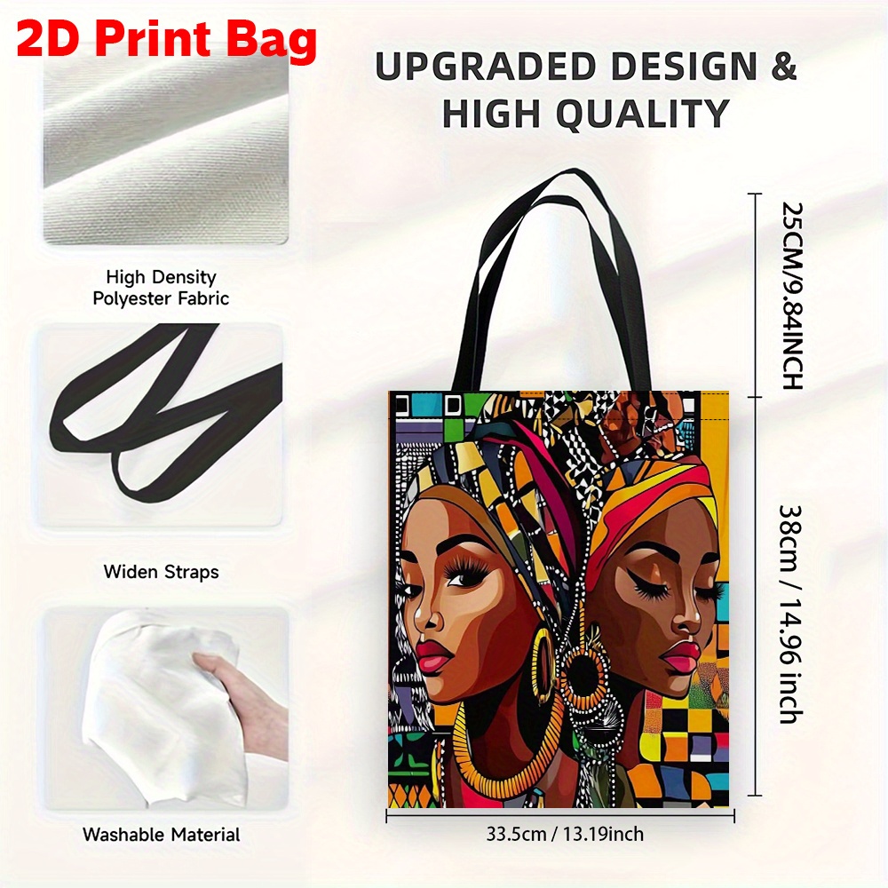 TEMU 1pc African Portrait Tote Bag - Large Capacity, Durable & Foldable With Vibrant African Women Art Print, Lightweight & Hand Washable For Men And
