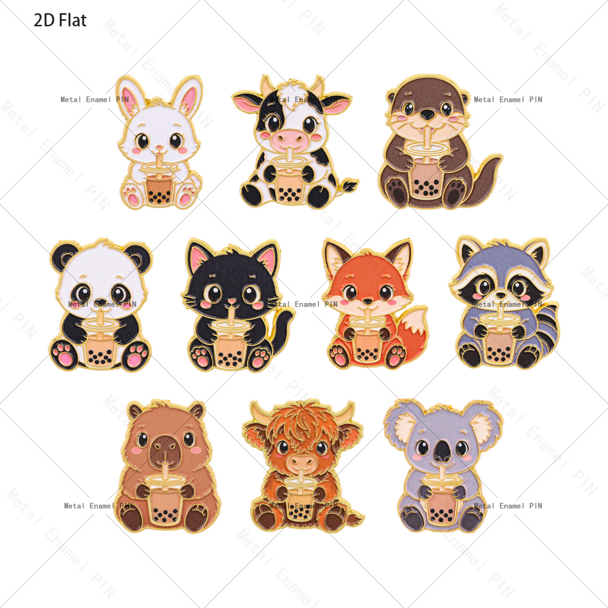 TEMU 2d Flat 10pcs Cute Cartoon Boba Tea Animal Enamel Pins, Rabbit Panda Fox Koala Drinking Bubble Tea Brooch, Kawaii Pet Lapel Badge Backpack Decor
