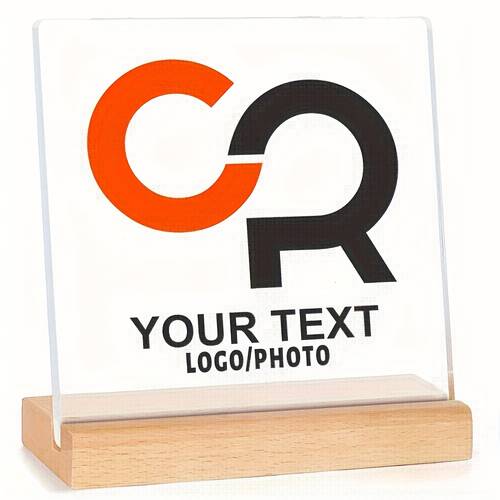 2d flat custom acrylic table sign wooden base personalized company name logo photo engraving no power required elegant office home event decor insertable text pattern photo durable indoor outdoor display wooden stand