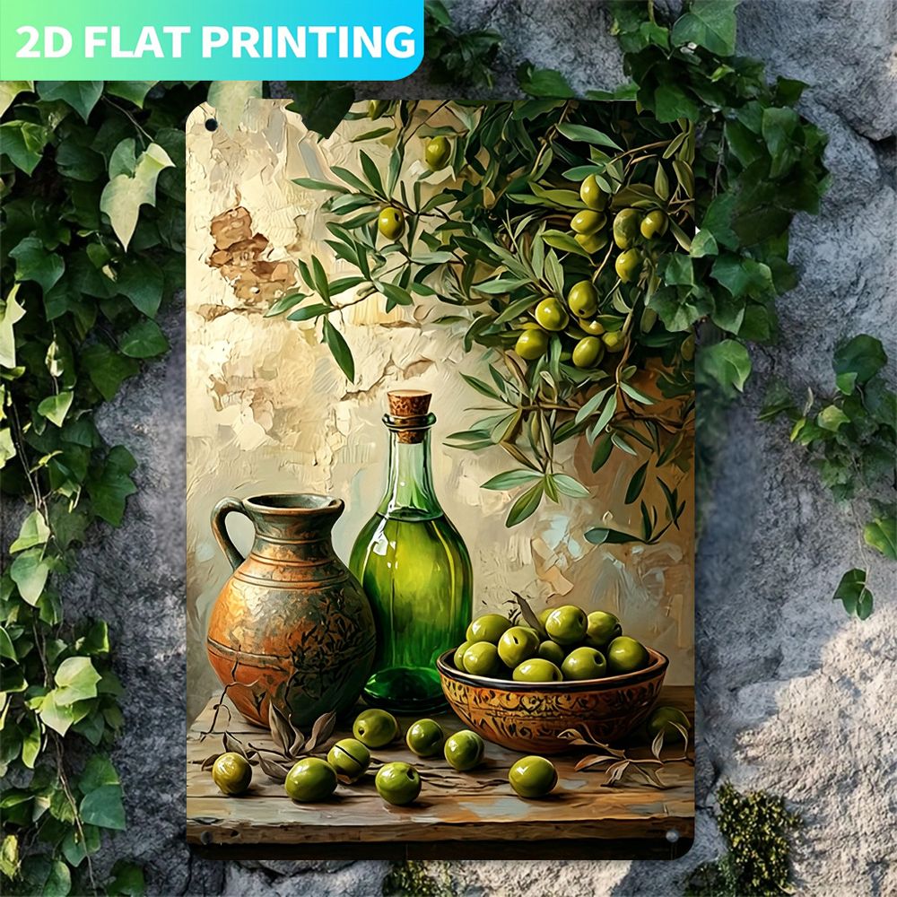 TEMU 2d Flat, [jit] 2d Flat 1pc, Vintage Metal Sign, & Olive Oil Wall Art, 7.8inch X 11.8inch Sign, Olive Tree, Olive & Tones, For Home Office Decor,