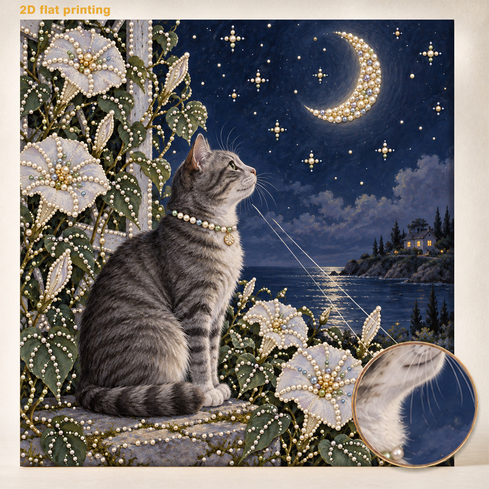 TEMU New 2d Flat Printing Diy Pearl Art Painting Kit - Seaside With White Flowers Pattern, 11.8x11.8 Inches, Includes Round Pearls, Shiny Gems, Clear