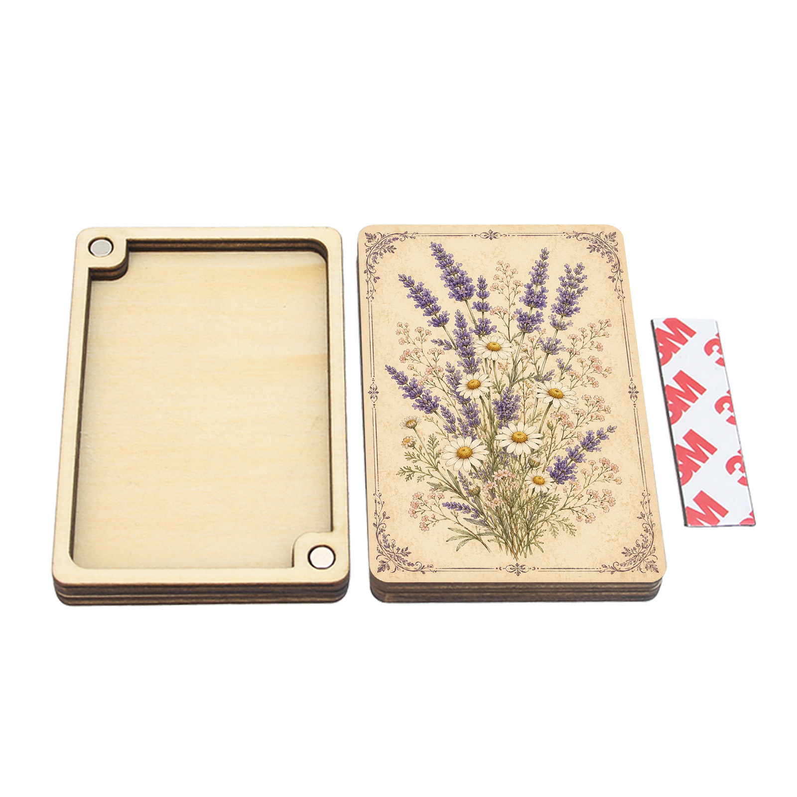 TEMU 1pc Of Vintage Wooden Sewing Needle Storage Box, With Lavender And Daisy Bouquet Print Design, Portable Sewing Needle Organizer, Storage Box For