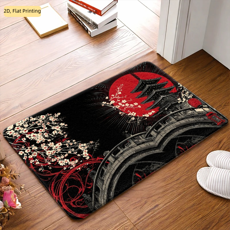TEMU 2d Flat, 2d For Fiat 1pc, Japanese-style Cherry Red Moon Tower, Flannel Floor Mat, Durable And Machine Washable Universal Foot Mat, Suitable For