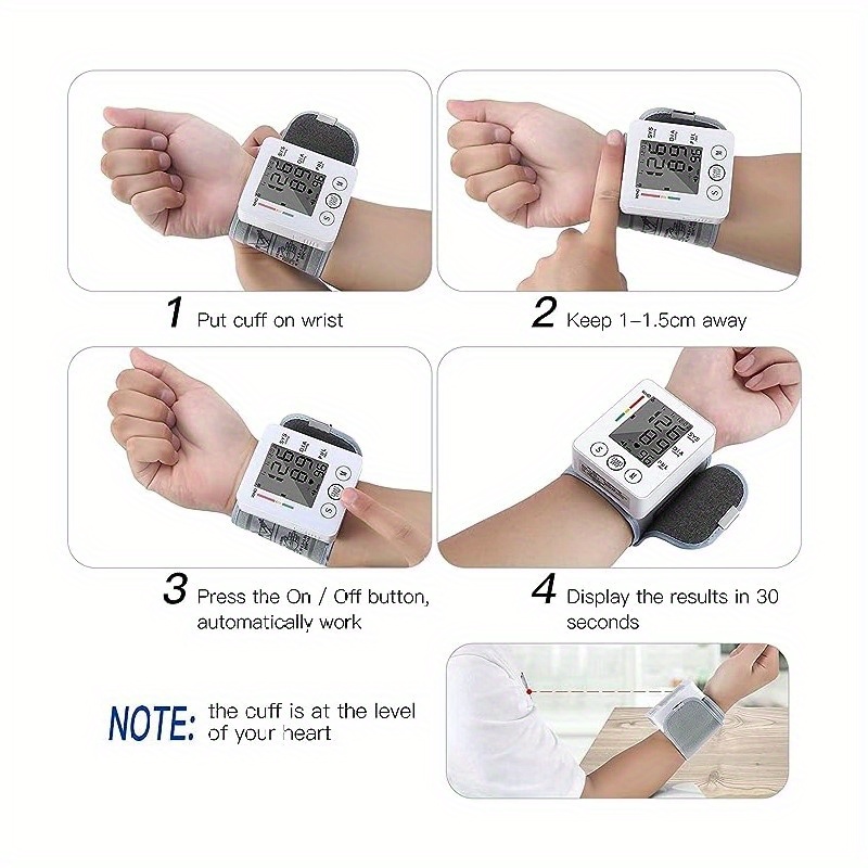   voice activated automatic wrist   with tricolor lcd display heart rate adjustable cuff digital   for home use battery operated 2 aaa blood pressure checker   monitor soft fabric cuff   for home Product details 8