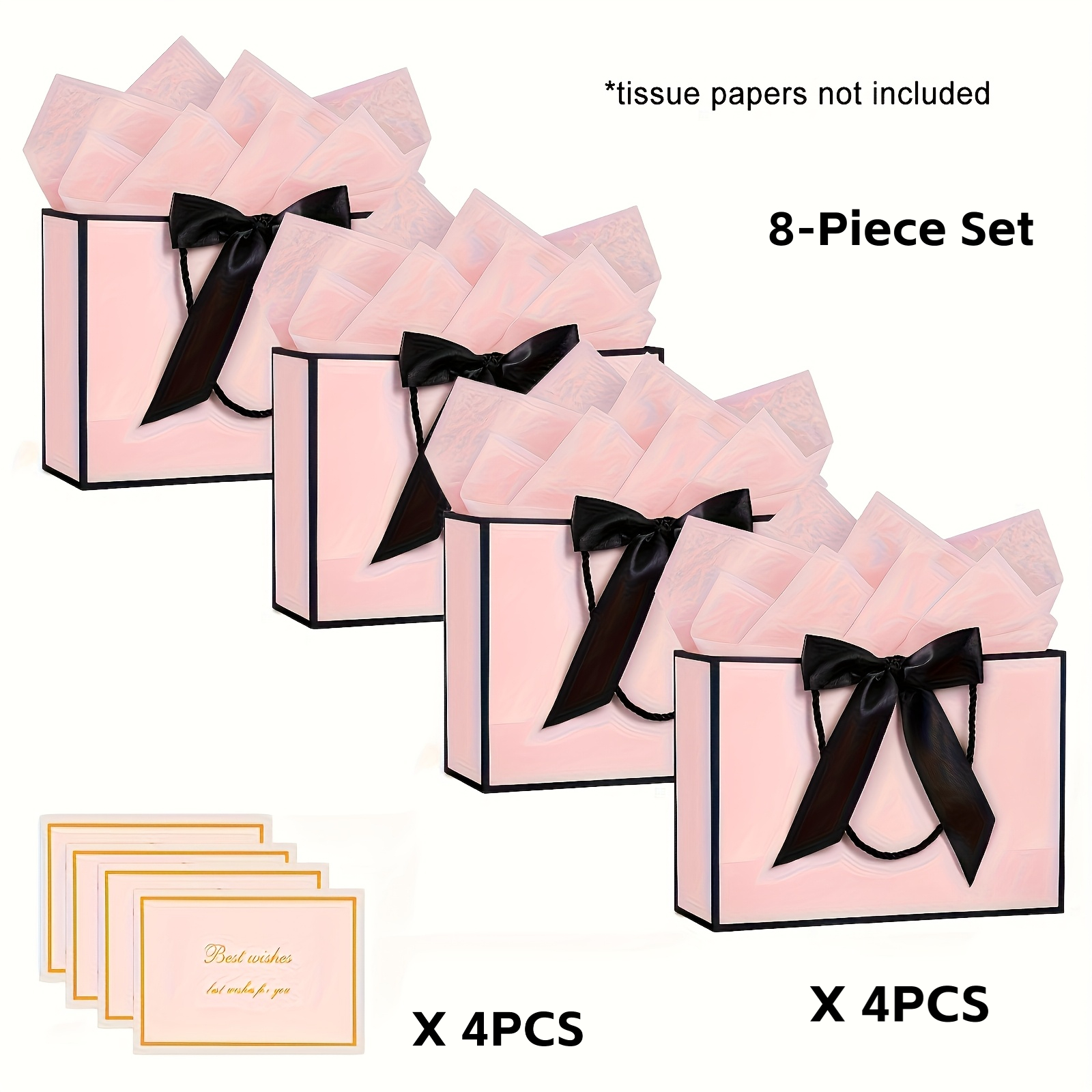 TEMU 4pcs Or 8pcs Complete Paper Gift Bags With Matching Greeting Cards & Ribbon - Elegant -hook Closure Bags Suitable For Weddings, Birthdays,