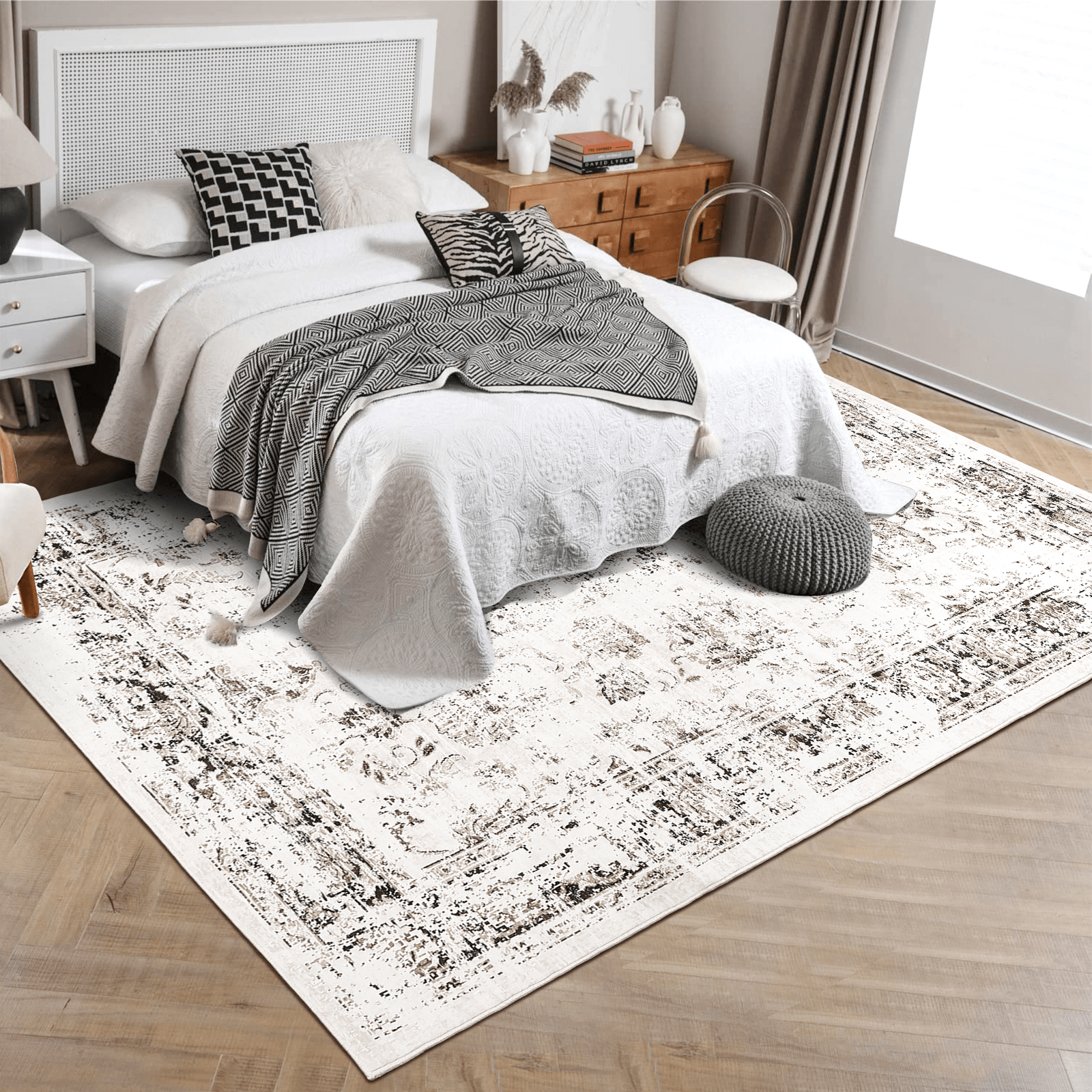 Distressed Vintage Floral Medallion Washable Foldable Non-slip Area Rug For Living Room Bedroom Entryway