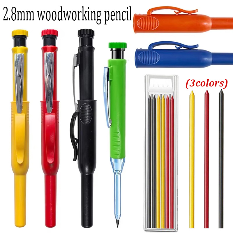 

3 Sets Of 2.8mm Solid Woodworking Pencil Sets With Built-in Pencil Sharpener For Woodworking Machinery, 3-color 2b Pencil Lead, Building And Device (1 Pen+1 Of 3- Lead)