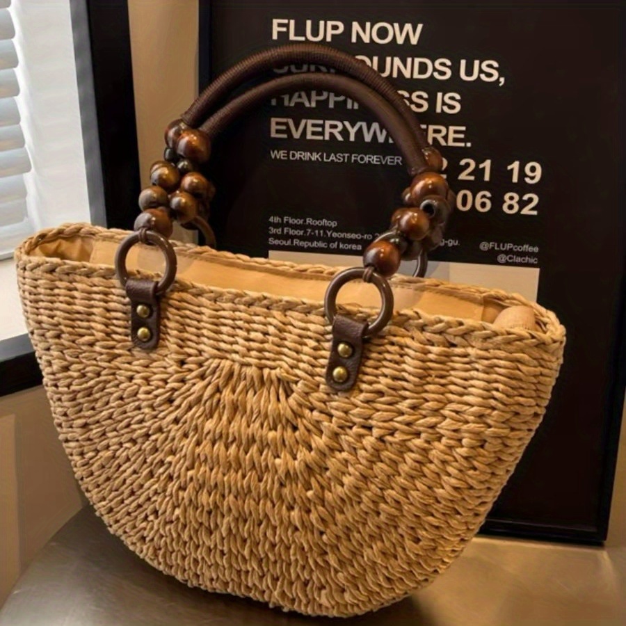 Image of Handcraft Large Grass Weave Handbag Women's Handbag, Summer Beach Bag, Bead Embellished Shoulder Bag, Vacation Tote Bag
