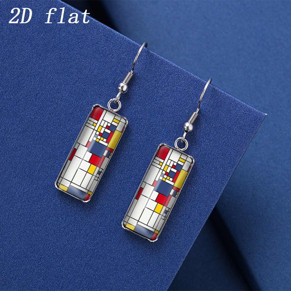 TEMU 1 Pair Geometric Color Block Pattern Glass Cabochon Earrings For , Stainless Steel Ear Hooks, Rectangle Shape, 2d Flat Design, Trendy -match