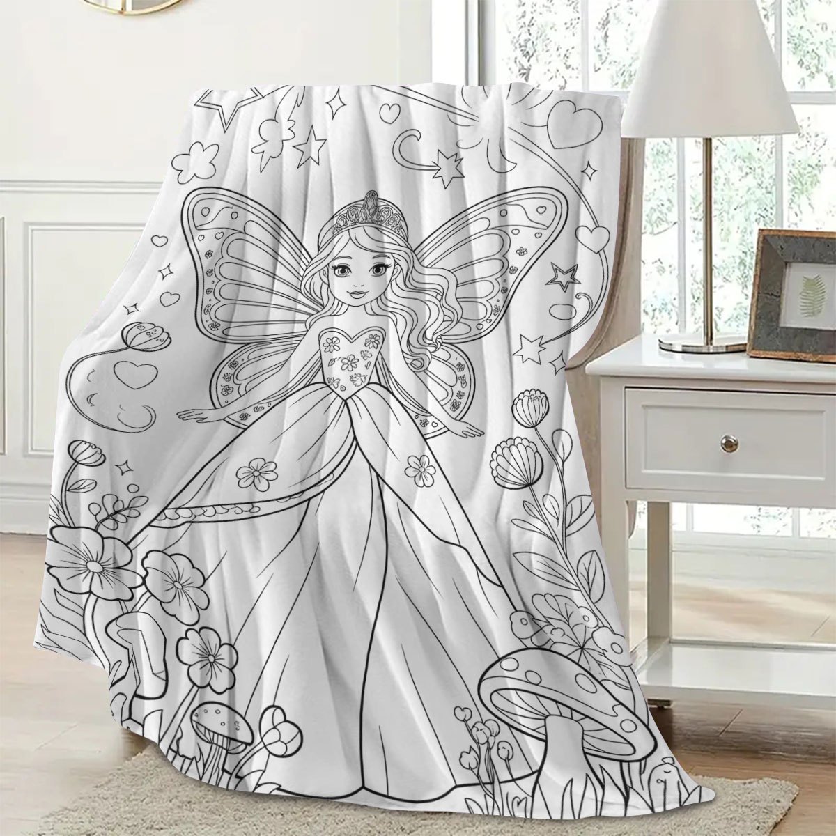 TEMU Flannel Princess Fairy Coloring Style Pattern Blanket, English Label Version, Soft, Skin-friendly, And Warm For . Ideal As A Nap Blanket For