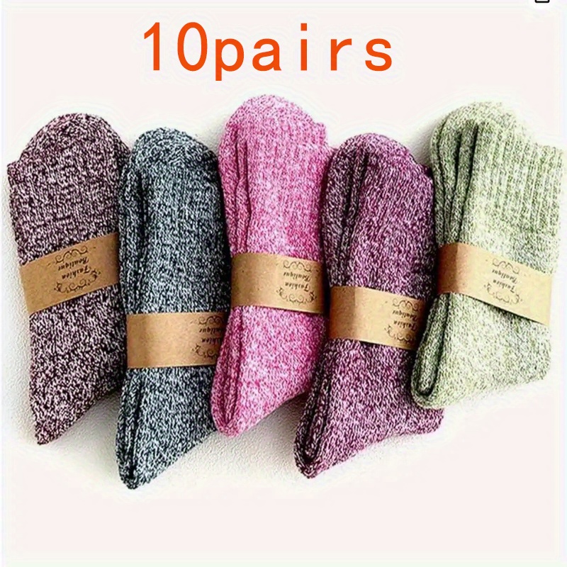 

10 Pairs Women's Socks, 25% Wool 75% Polyester, , Warm, Knit Fabric, Machine Washable, Solid Color, Comfortable Retro Fashion With For Fall/winter Outdoor Activities