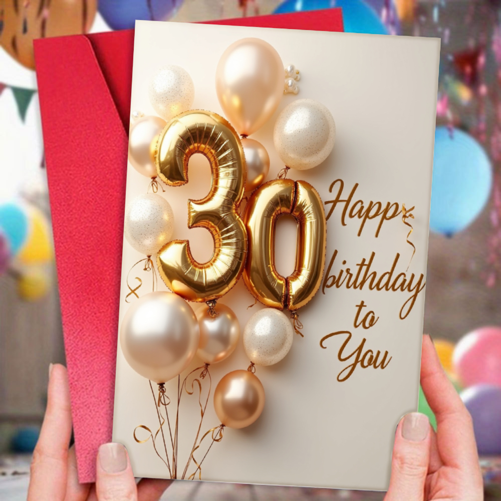 Image of 1pc 30th Birthday Card Suitable For Birthday Celebration With Envelope - Golden & Cream Balloons Design, Elegant Age 30 Card For Party Invitations, Decorations For 30 Years Gift