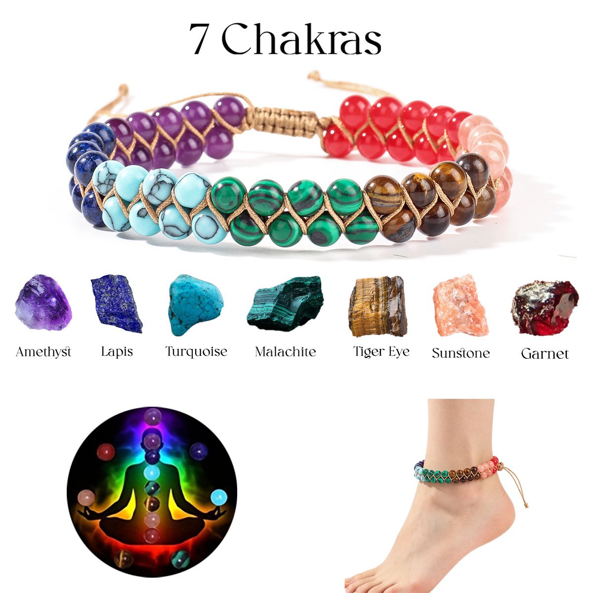 TEMU Bohemian Natural Stone Bead Chakra Ankle Chain, Handmade Woven -friendly Jewelry, Meditation Jewelry For Crystal Enthusiasts, Suitable For Daily