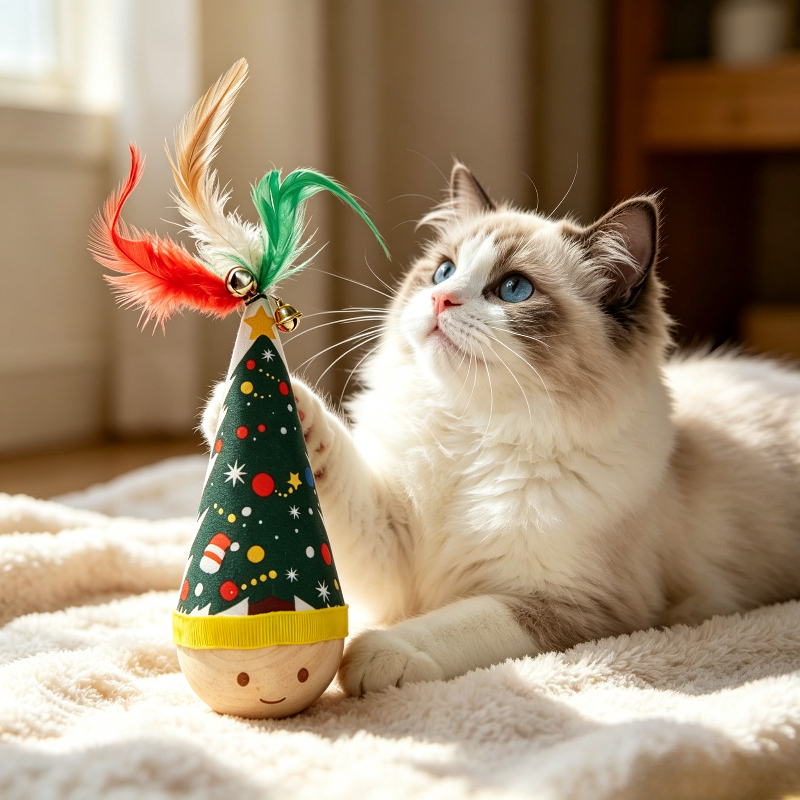 TEMU Fun Wobble Cat Teaser Tumbler With Christmas Tree Pattern, Feather And Bell, For Pet Self-play Interaction