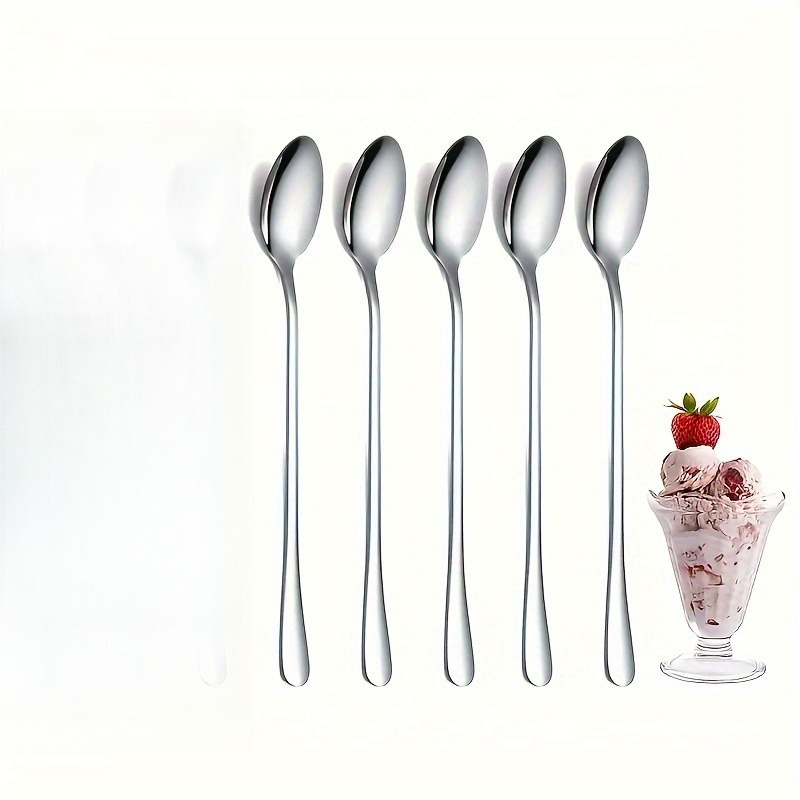 TEMU 5pcs Stainless Steel Long Handle Ice Tea Spoon, Coffee Spoon, Ice Cream Stirring Spoon, Dishwasher Safe, Kitchen Additions, Flatware Set