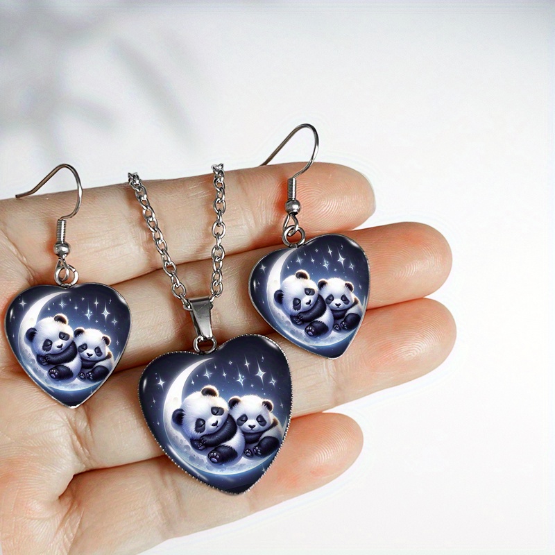TEMU 3pcs Adorable Panda And Moon Pattern Heart-shaped Stainless Steel Earrings Necklace Set, Fashion Jewelry Gift For