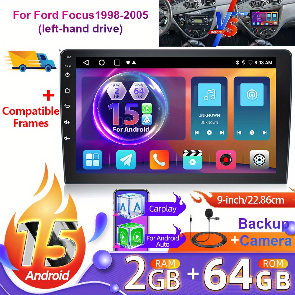 2+64g 9 Inch 15 Car Radio For Ford Focus 1998-2005 (left-hand Drive) (frame Included) With Rear View Camera, Hd Touchscreen Radio With Auto Wifi Gps Eq Swc Fm And Canbus, Without Battery