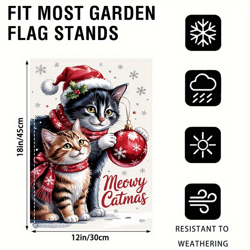 TEMU 1pc Festive ' Christmas Cheer Double-sided Washable Outdoor Yard Decoration Flag - 12x18 Inch Polyester Christmas Decor With Cute Cats In Santa