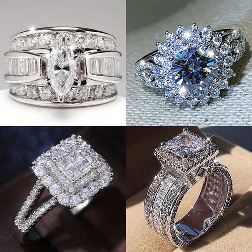 4pcs sparkling silvery womens rings synthetic zirconia heart wave cross rings for men women engagement wedding band ring merry christmas valentines day anniversary gift for her jewelry ring