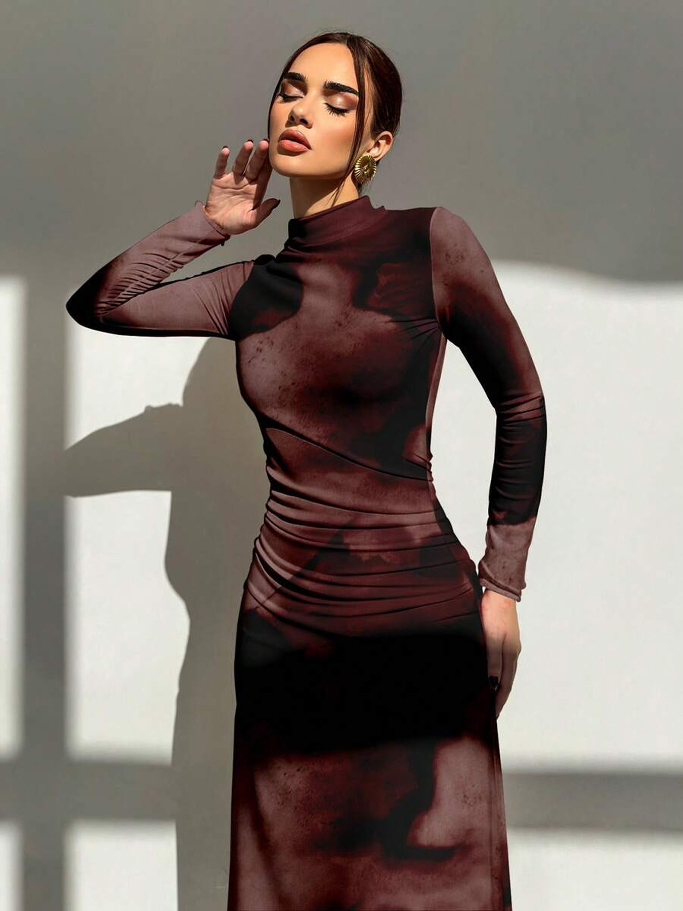 brown tie dye long sleeve dress Brown Abstract Long Sleeve Mesh Tie Dye Midi Dress main image 1