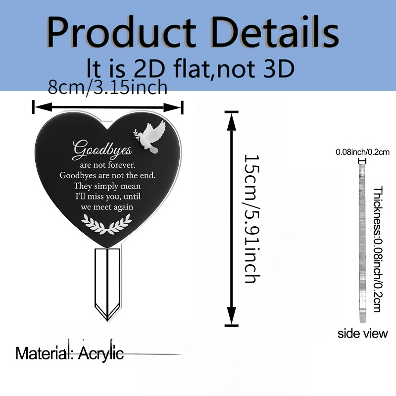 TEMU 2d Flat - 【2d Flat】 1pc 2d Flat Acrylic Elegant Black Heart-shaped Memorial Garden Stake, Featuring "farewell Is Not Forever" - Outdoor