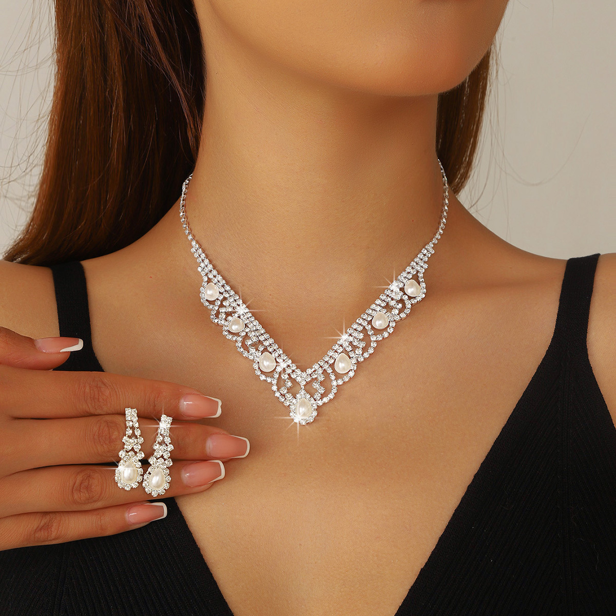 TEMU Parure de bijoux de soirée 2 pièces de luxe léger et incrusté, ensemble collier et boucles d'oreilles pour robe de mariée, accessoires brillants