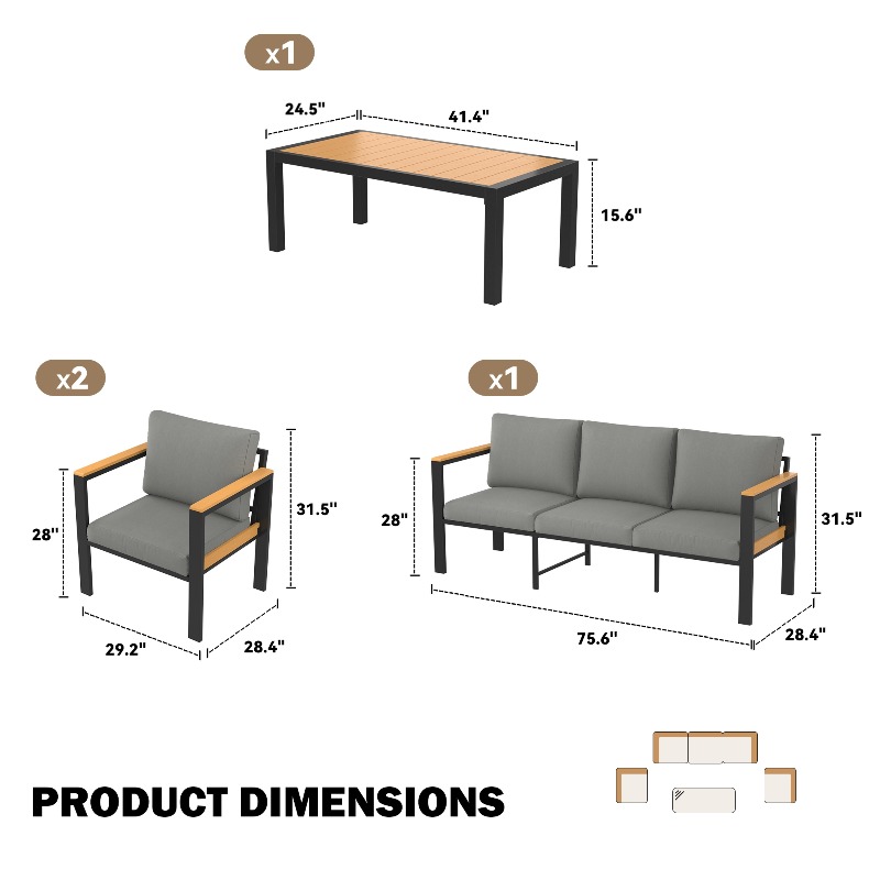 Modern 4/5/7pcs Metal Patio Furniture Set, Outdoor Conversation & Pub Table Set with Coffee Table for Porch, Balcony and Sunroom, Gray