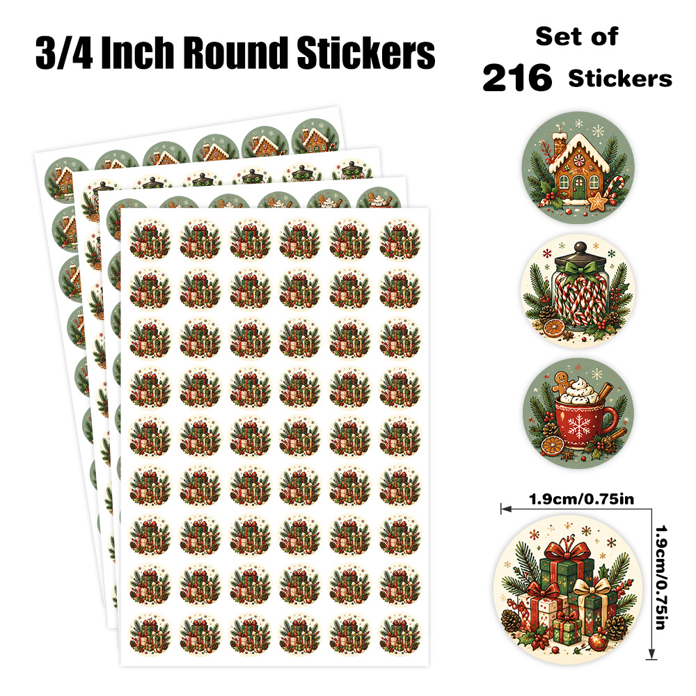 TEMU Set da 216 adesivi rotondi a tema natalizio con design festiva, ideali per sacchetti regalo, scatole regalo, bomboniere e decorazioni natalizie,