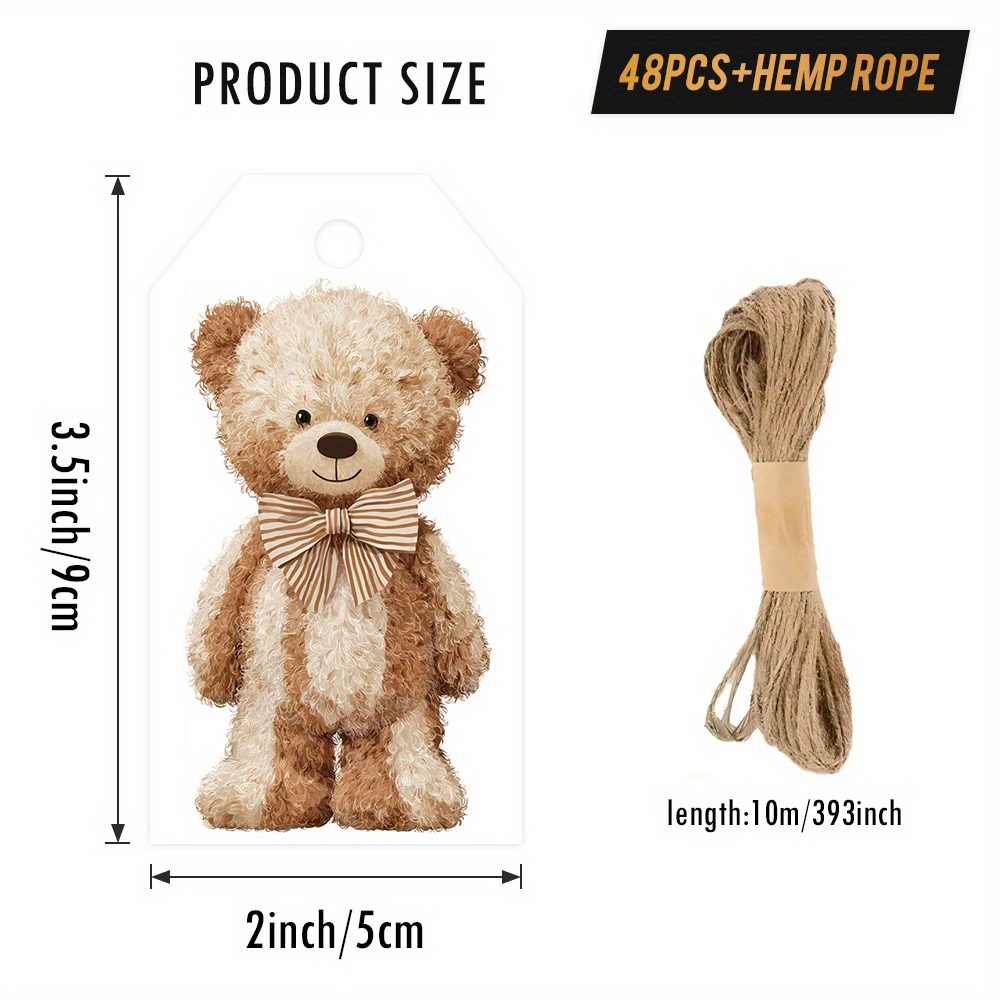 TEMU 48/96pcs Gift Tags With Hemp Rope, Presenting A Little Bear With Striped Bow, In A Cute And Neat Style, Ideal For Daily Gifts, Sweet Presents,