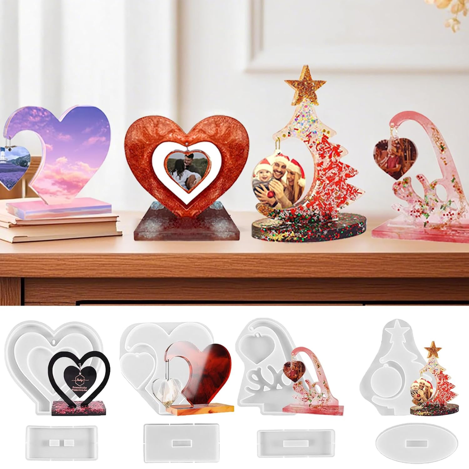 E-shop 4er Set Foto Rahmen Silikon Harzformen - Herzform, Liebesbrief und Silikonformen für Epoxidharz, Bilderrahmen Harz Gießformen, Kunsthandwerk
