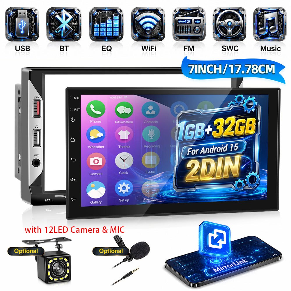 Image of 15 Double Din Car Radio 1gb+32gb Car Multimedia Player 7-inch Capacitive Touchscreen Car Stereo Support With Wifi/ Steering Wheel Control/ Bt/ Fm/ 6 Usb Ports/ Eq With 12led Camera & Mic (optional)