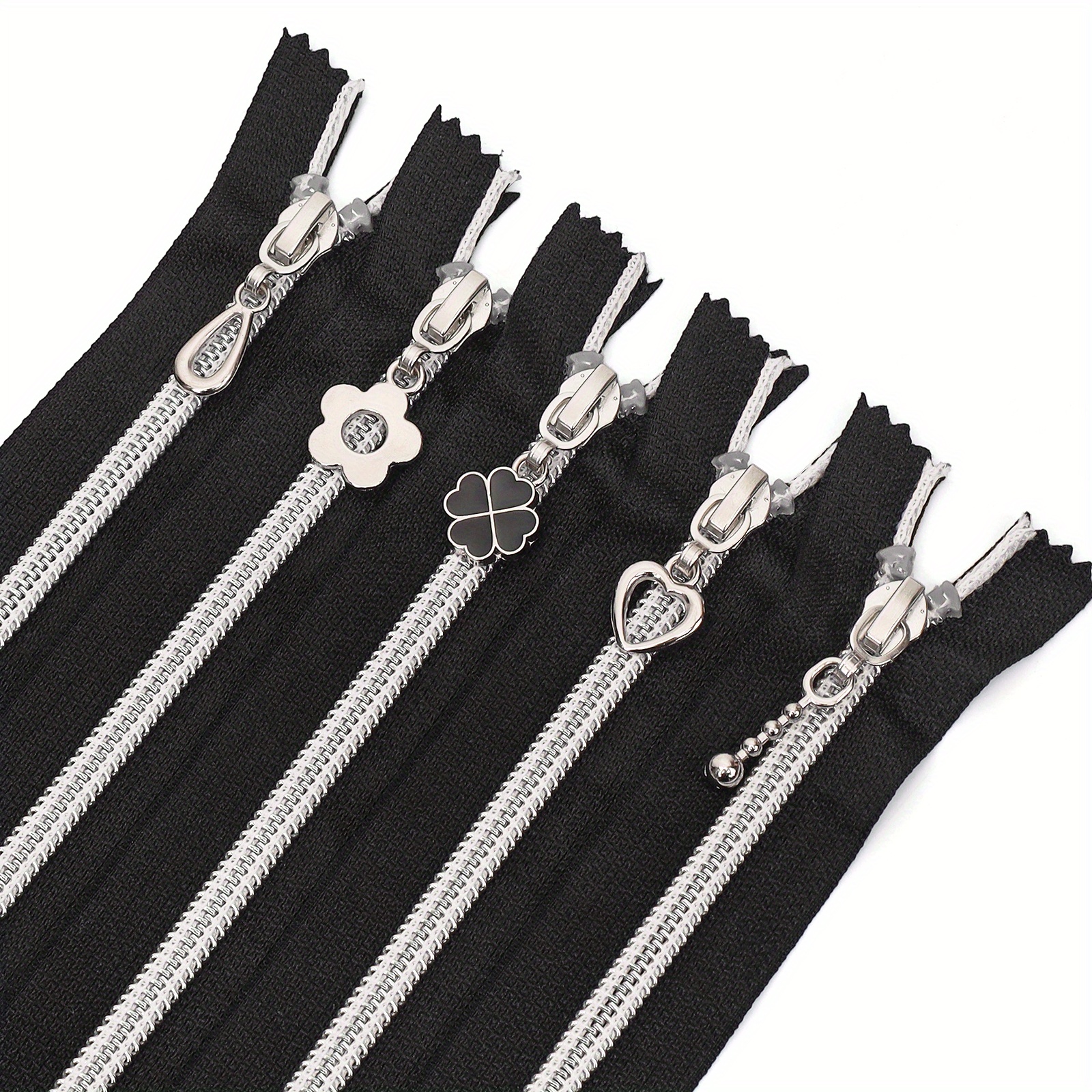 Image of 5pcs #5 Nylon Closed-end Zippers, 35cm, 5 Zipper Heads (heart, Droplet, Clover, Sunflower, Beaded), Electroplated Silver Teeth, Black, White, Clothing, Bags, And Textile Material