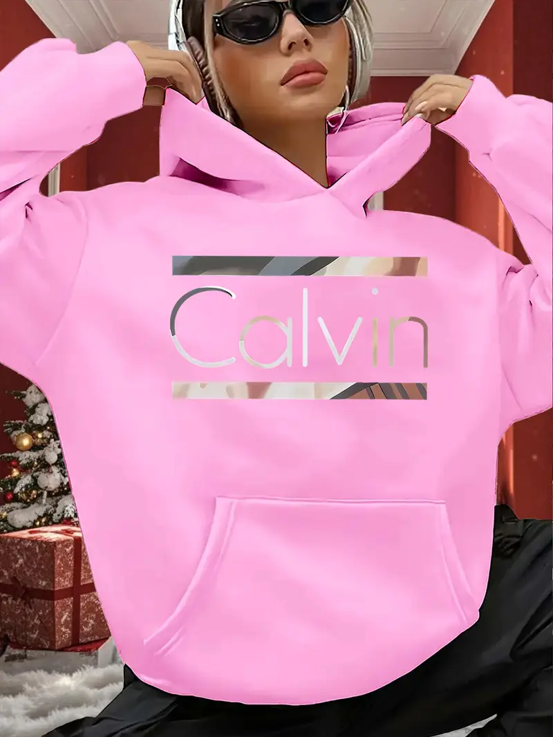 Pink Women's Oversized Hooded Sweatshirt with Graphic Print - Casual Winter Warmth