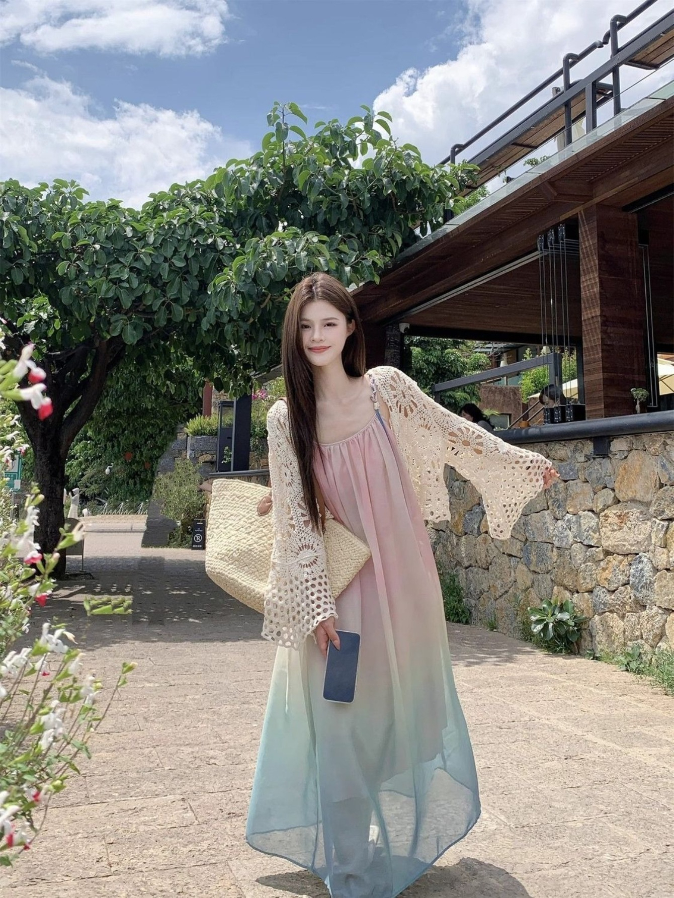 elegant korean style gradient beach dress sleeveless long - Temu Oman