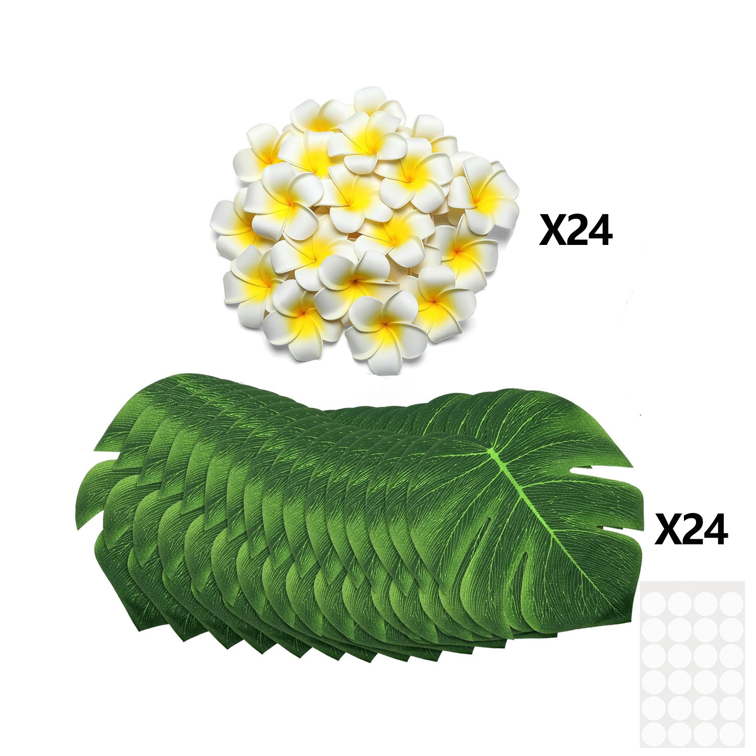 Image of 48pcs Hawaiian Party Decor Set Artificial Plumeria Flowers Monstera Leaves For Beach Luau, Summer Party, Jungle Theme Wedding, Birthday Table Decor, Christmas Decor, Halloween Decor