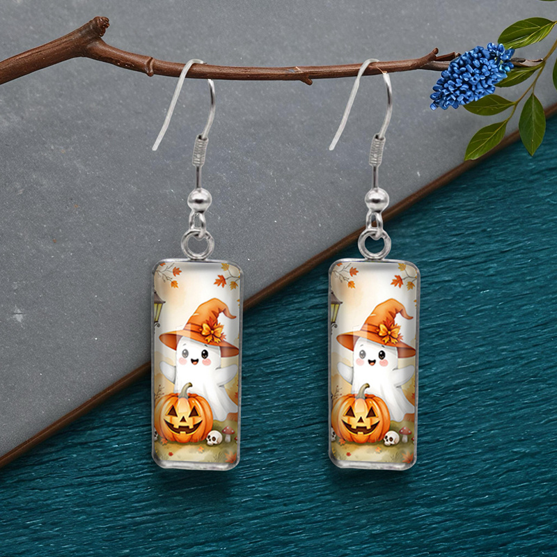 TEMU 1 Pair Autumn Pumpkin Rectangular Earring Fashion Dangle Earrings Handmade Glass Dome Jewelry