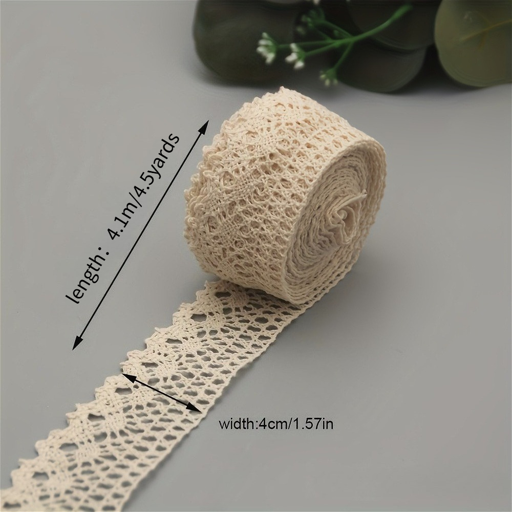 TEMU 1 rollo, 4. (4.1 m) de encaje bordado beige, ancho: 4 cm/1.57 pulgadas, con patrones calados y bordes ondulados. Ideal para bricolaje de