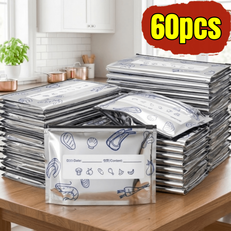 TEMU 60pcs Reusable Washable Aluminum Foil Vacuum Seal Storage Bags With Date Labels, Leak-proof Freezer Bags For Freezing And Refrigerating Food,