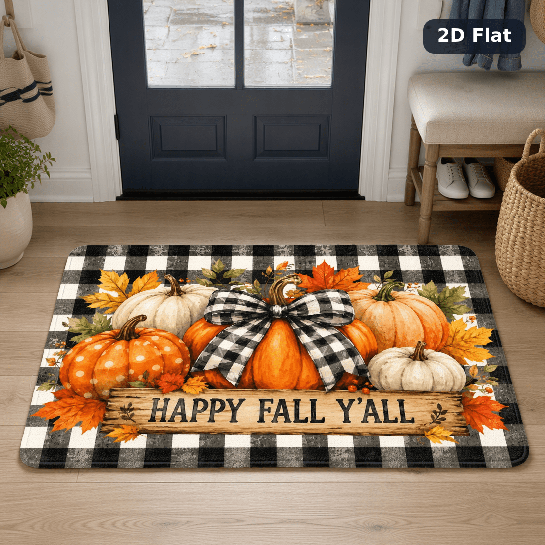 TEMU 1pc Fall Pumpkins With Bow And Orange Decorative Pattern Entryway Doormat, Durable Door Rug With Non-slip Backing, Absorbent And Machine