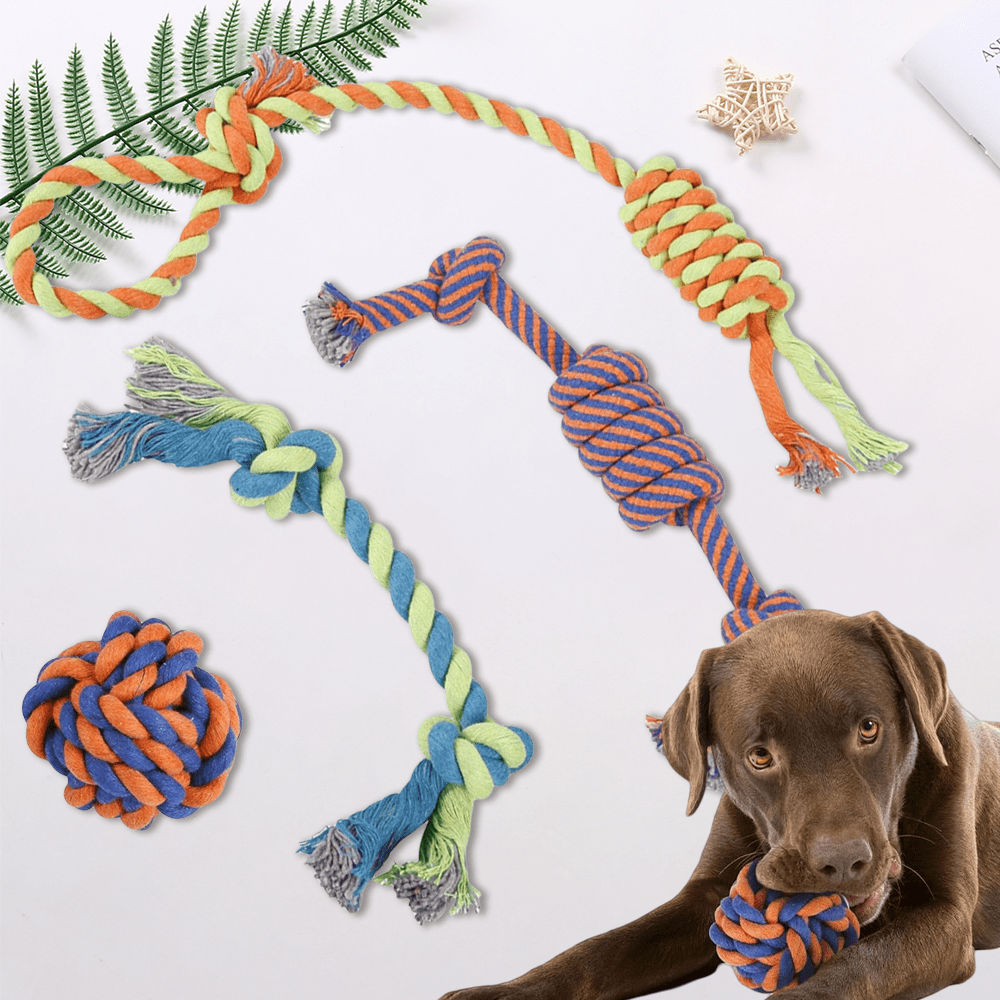 

Dog Chew Rope Toys – Set Of 4 Ropes - For Large, Small Teething Pets – All Puppy Breeds Aggressive Chewers For Natural Floss – With Ball, Tough Teething Rope, & Fetching Bone