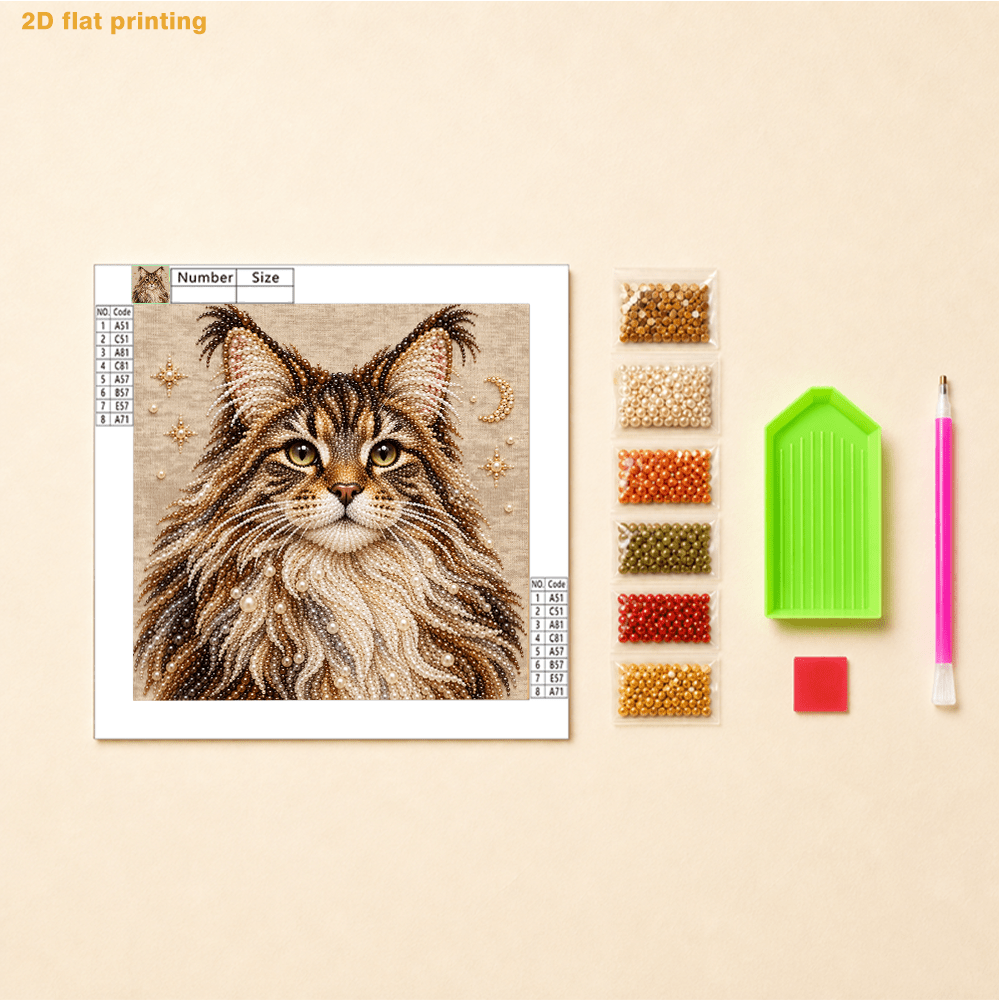 TEMU Kit d'art à impression plate 2D - Chat marron à poils avec étoiles et motif de croissant, des perles rondes, des clairs, un ensemble d'outils