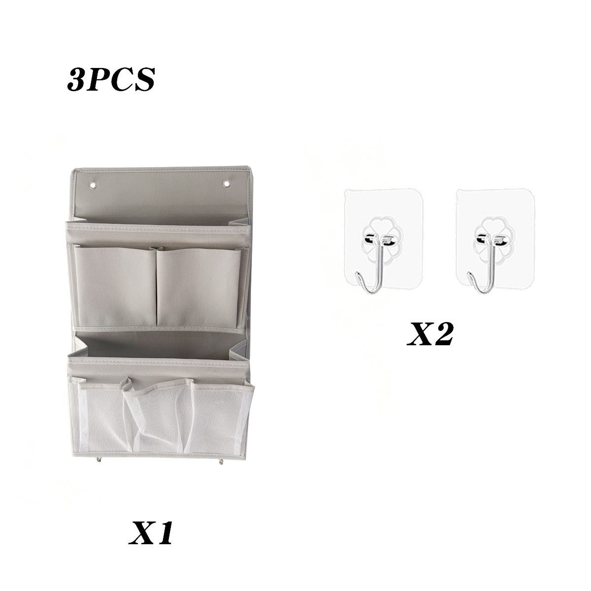 TEMU Lot de 3 pièces : 1 pochette suspendue en tissu gris + 2 crochets transparents, pour rangement de placard, pochette de rangement suspendue à 2
