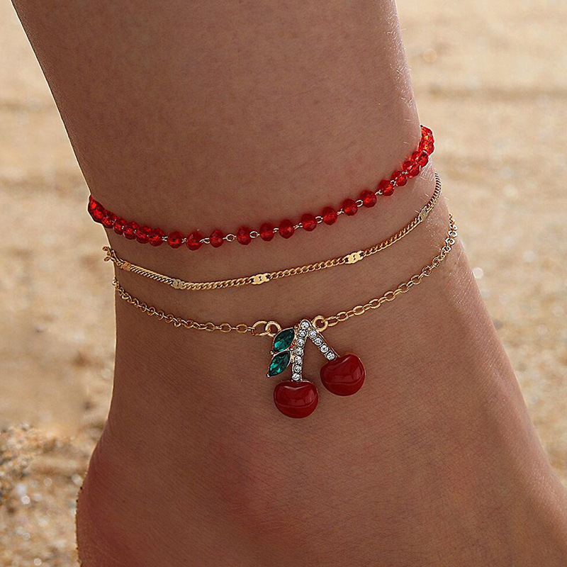 3pcs Set, Women's Anklet, Simple And Creative Pendant With , Stackable Anklet, Red Beaded Anklet, Rhinestone-inlaid Cherry Golden Snake Chain Anklet, Stackable Anklet And Bracelet, Alloy