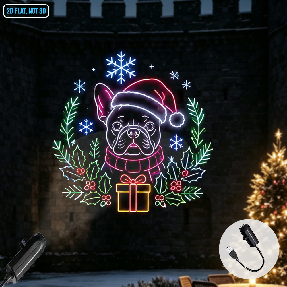 TEMU Led Projector Night Light Usb Powered Christmas Dog French Bulldog Santa Hat Scarf With Snowflakes Ambient Decor Projection Lamp For Bedroom