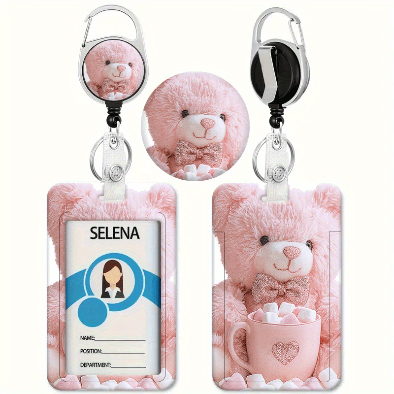 TEMU Orsetto di peluche rosa con stampe e testi a forma di cuore, con porta badge retrattile - per portacodici ID e carte di , cordino resistente per