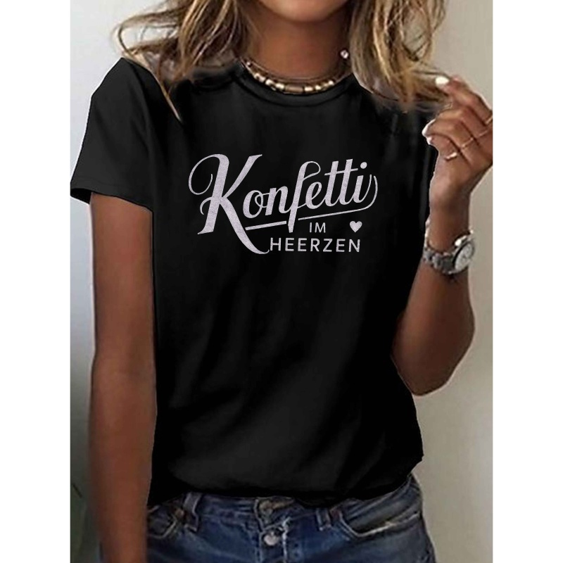 

Confetti Illustration Print T-shirt, Short Sleeve Crew Neck Casual Top For Summer & Spring, Women's Clothing