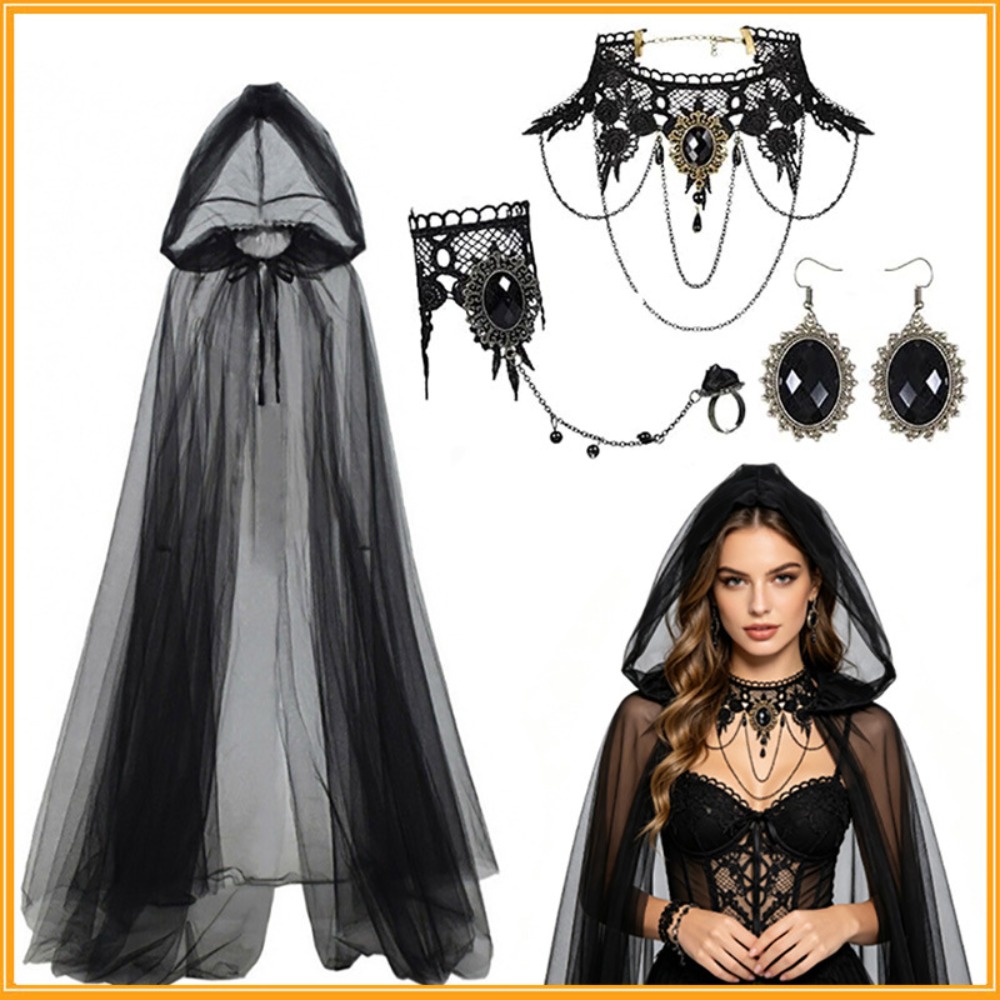 TEMU 4pcs Black Lace Hooded Cape Sets For Women, 1pc Tulle Halloween Cloak With Hat 1pc Necklace 1pc Bracelet 1pair Earrings Cosplay Set Sheer Gothic