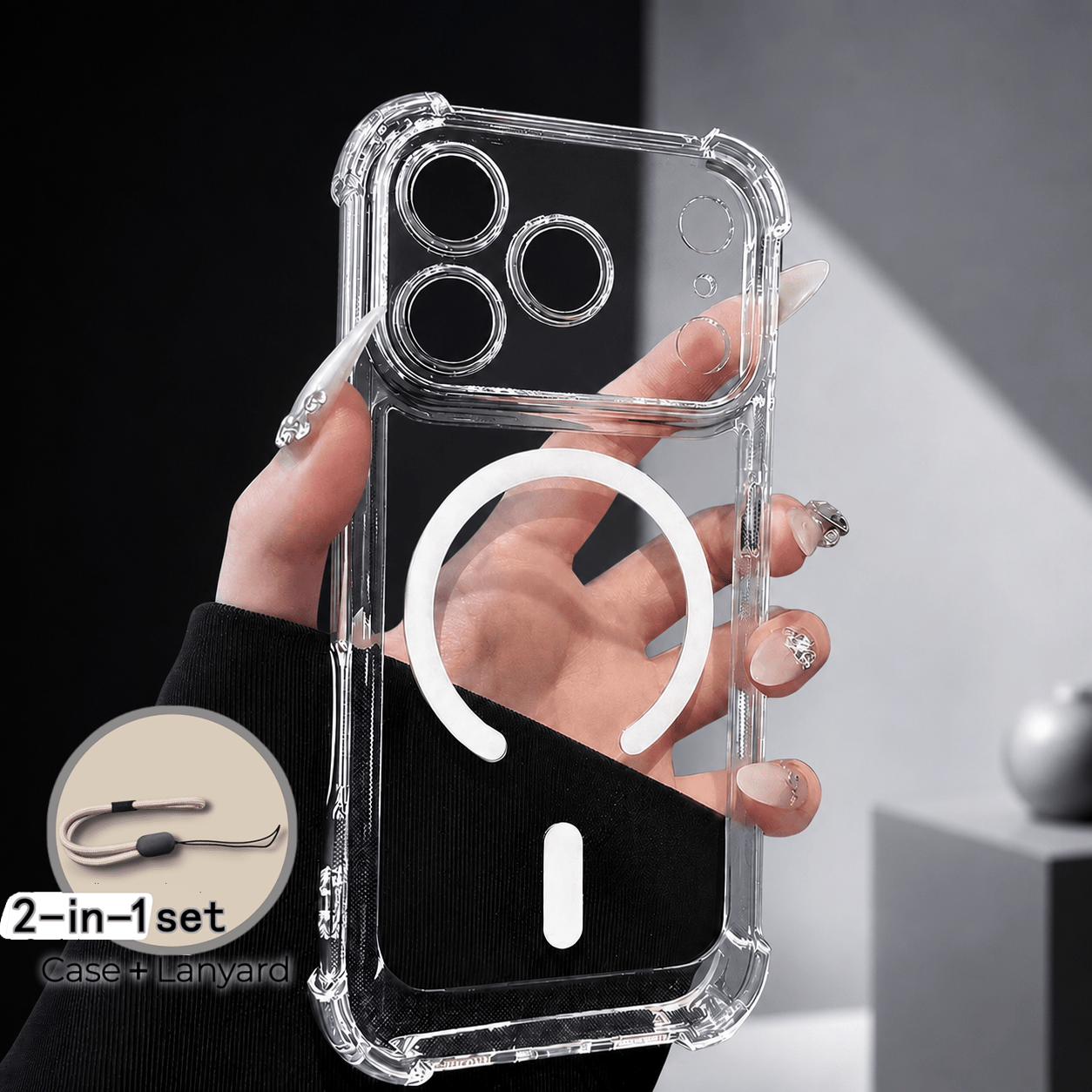 TEMU Phone Case - 2pcs (1pc Phone Case And 1pc Lanyard) Luxury Magnetic Transparent 4 Corner Drop Resistant Phone Case Suitable For Iphone 18 17 16