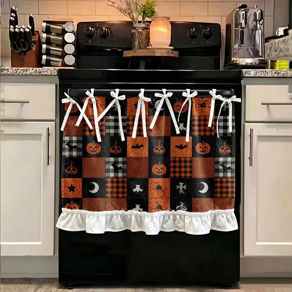 TEMU 2d Flat, 1pc Kitchen Stove Curtain, Cabinet Curtain, Halloween With 2d Printing Halloween Pumpkin Bat Be Stove Curtain Oven Valance Kitchen Sink