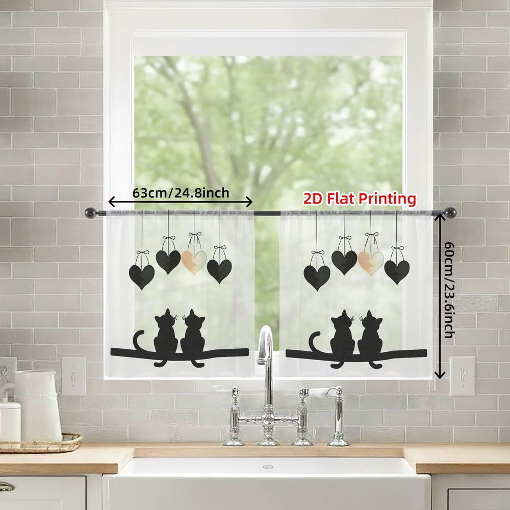TEMU 2d Flat, 2pcs Panel Semi-sheer Curtains Suitable For - Minimalist Black-white Cat Silhouette Window Drapes With Rod Pocket, Sheer Panels For,